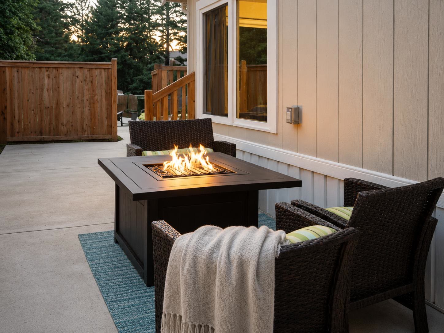Gas fire pit and wicker chairs on the patio at Casa Amaris at dusk